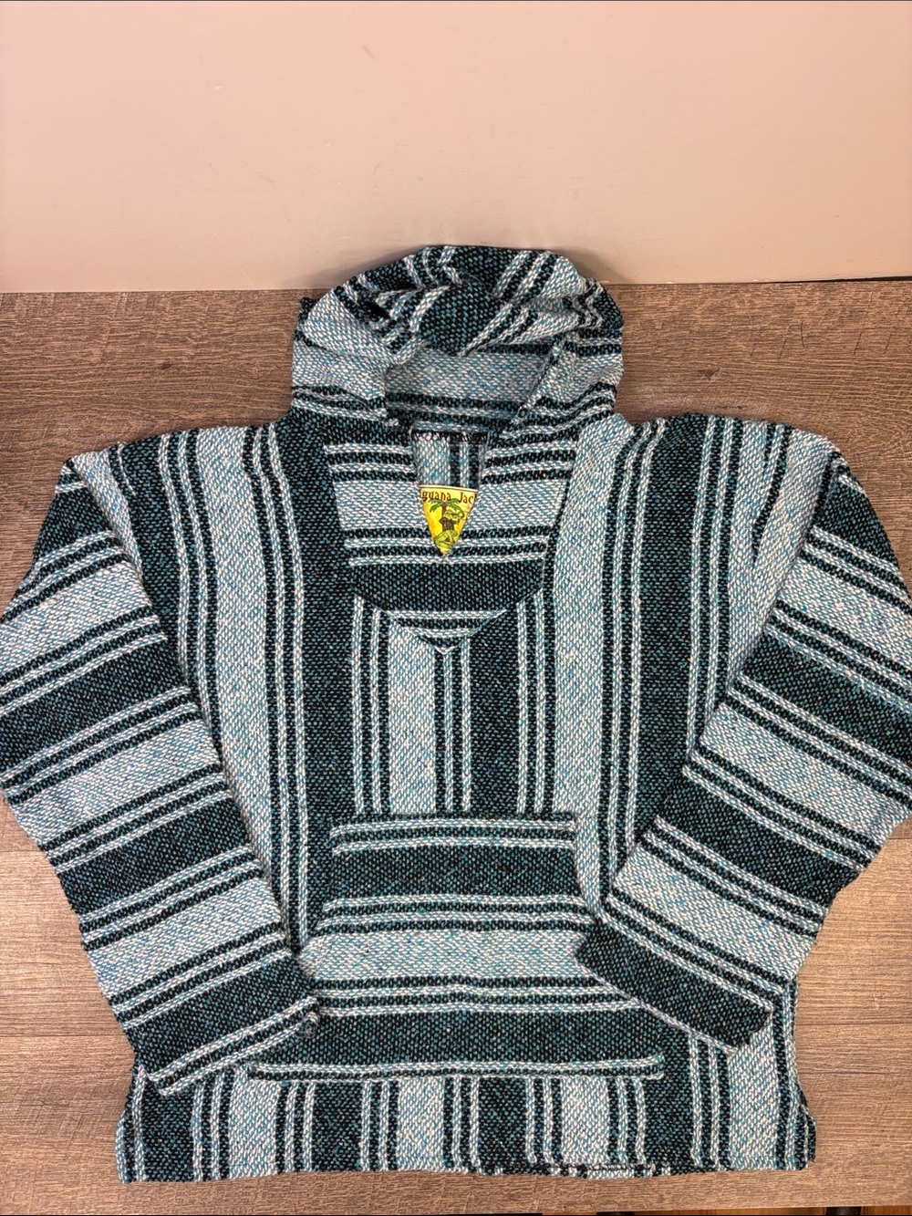 Vintage Iguana Jack Baja Mexican Hoodie Drug Rug Pullover Blue Black M